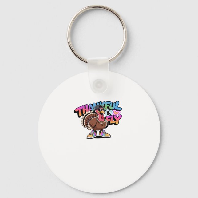 Thankful & Fly Turkey � Colourful Urban Cartoon Ov Key Ring (Front)