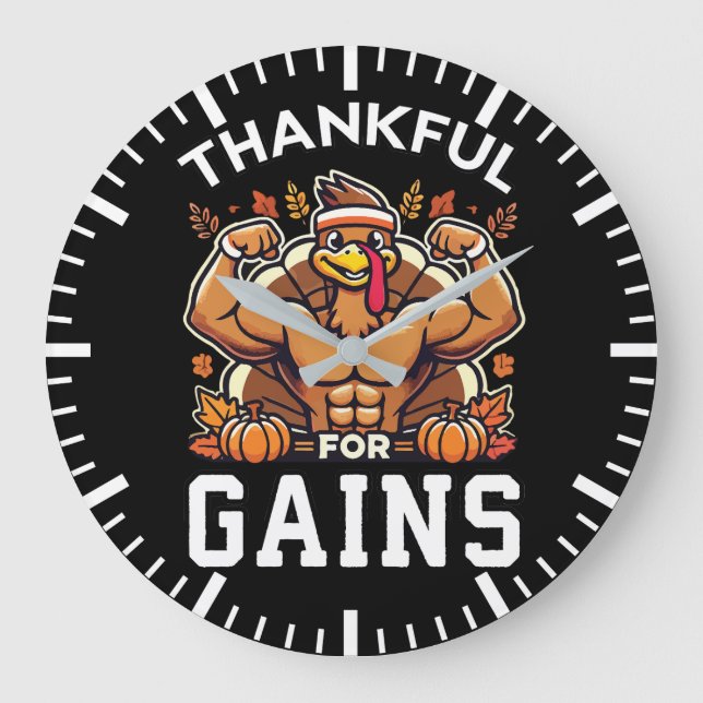 Thankful for Gains - Funny Thanksgiving Gym Large Clock (Front)