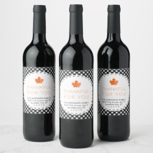 Thankful For You  Black & White Plaid Thanksgiving Wine Label