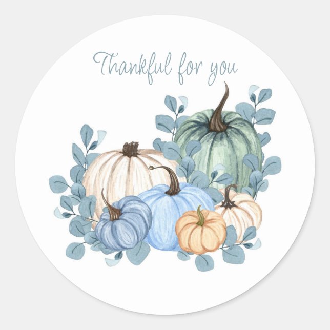 Thankful for you blue leaves pumpkin classic round sticker (Front)
