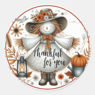 Thankful for you, Cute Scarecrow  Classic Round Sticker
