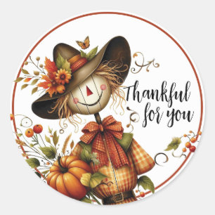 Thankful for you, Cute Scarecrow  Classic Round Sticker