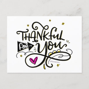 Thankful for you, hand lettered postcard