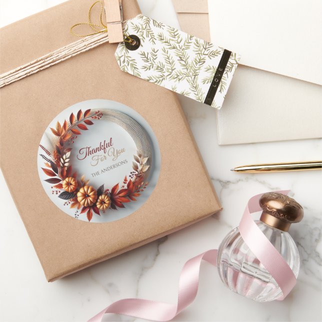 Thankful for you Modern Thanksgiving Wreath Classic Round Sticker (Gifting)