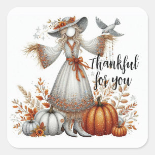 Thankful for you, Scarecrow and Pumpkins Square Sticker