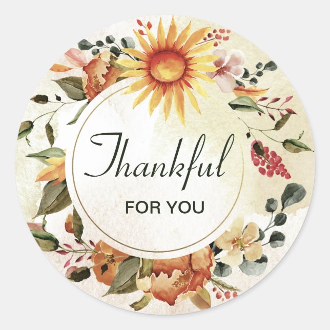 Thankful For You Thanksgiving Sunflower Classic Round Sticker (Front)