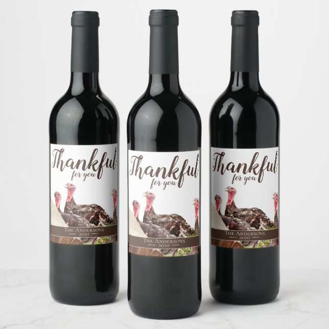 'Thankful for You' Thanksgiving Wine Label (Bottles)