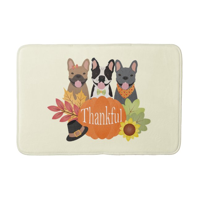 Thankful French Bulldogs Thanksgiving Bath Mat (Front)