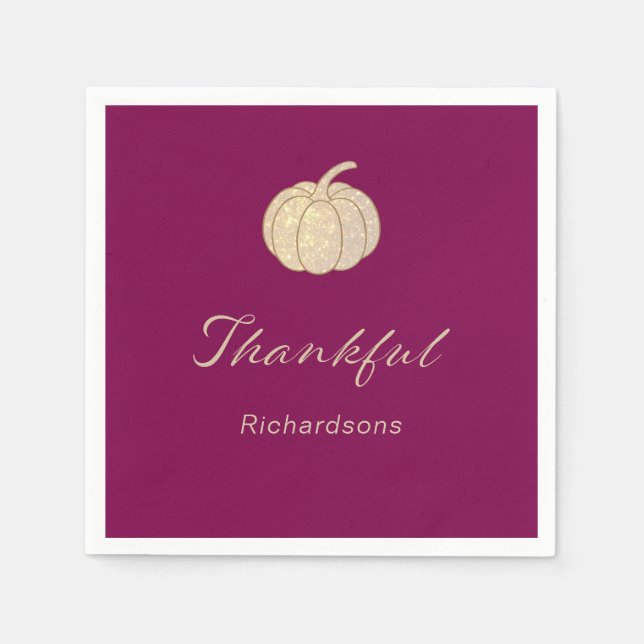 Thankful Glitter Pumpkin burgundy Thanksgiving Napkin (Front)