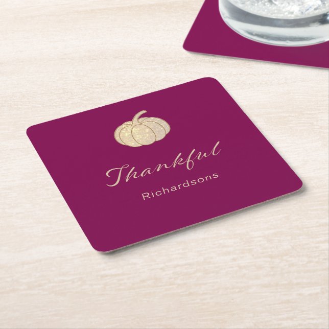Thankful Glitter Pumpkin burgundy Thanksgiving Square Paper Coaster (Angled)