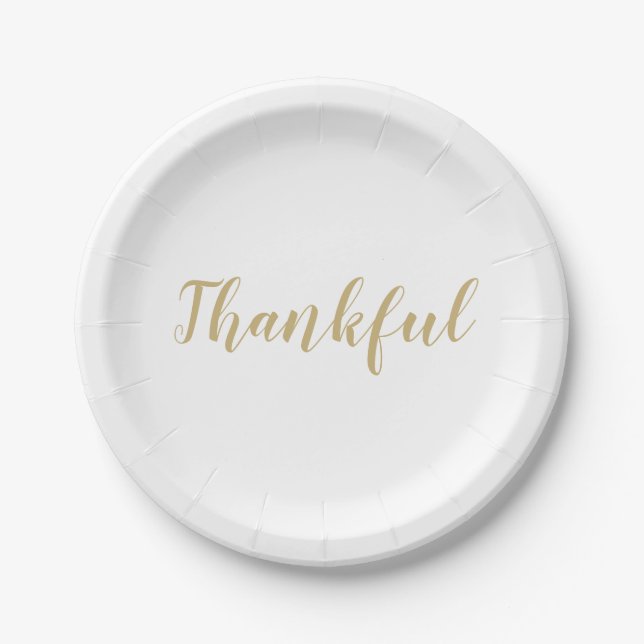 Thankful gold and white script cute thanksgiving paper plate (Front)