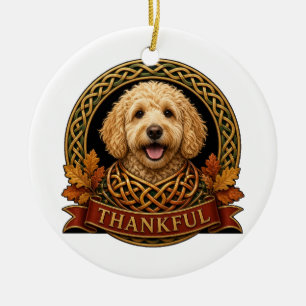 Thankful Goldendoodle Celtic Knot Thanksgiving Ceramic Tree Decoration