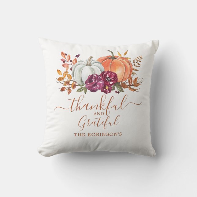 Thankful Grateful Autumn Fall Pumpkin Watercolor Cushion (Front)