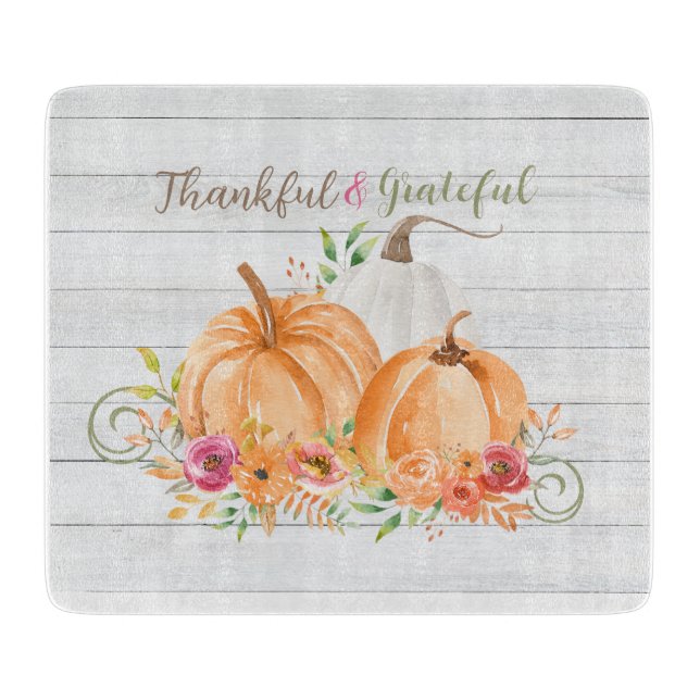 Thankful Grateful | Autumn Fall Pumpkin Watercolor Cutting Board (Front)