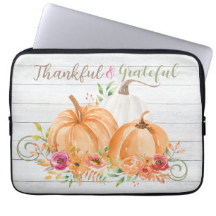 Thankful Grateful   Autumn Fall Pumpkin Watercolor Laptop Sleeve