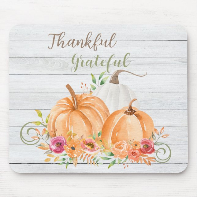 Thankful Grateful | Autumn Fall Pumpkin Watercolor Mouse Mat (Front)