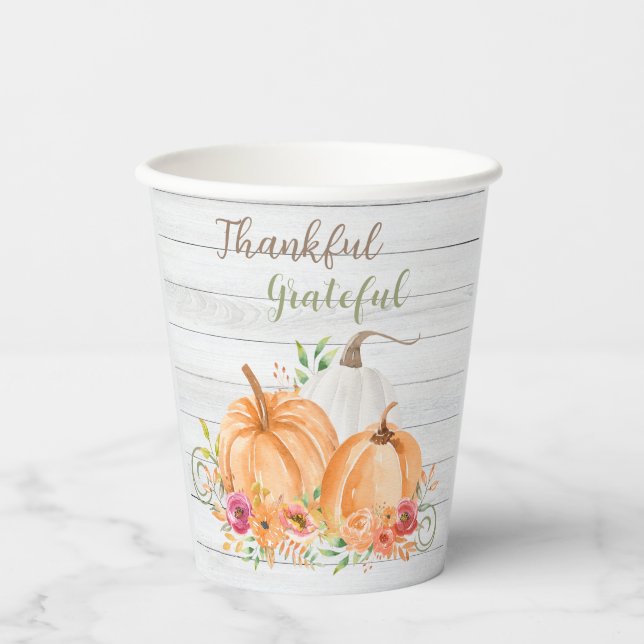 Thankful Grateful | Autumn Fall Pumpkin Watercolor Paper Cups (Front)