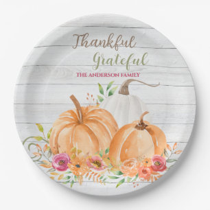 Thankful Grateful   Autumn Fall Pumpkin Watercolor Paper Plate