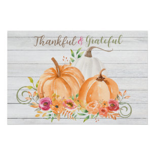 Thankful Grateful   Autumn Fall Pumpkin Watercolor Poster