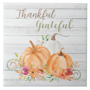 Thankful Grateful   Autumn Fall Pumpkin Watercolor Tile