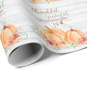 Thankful Grateful Autumn Fall Pumpkin Watercolor Wrapping Paper