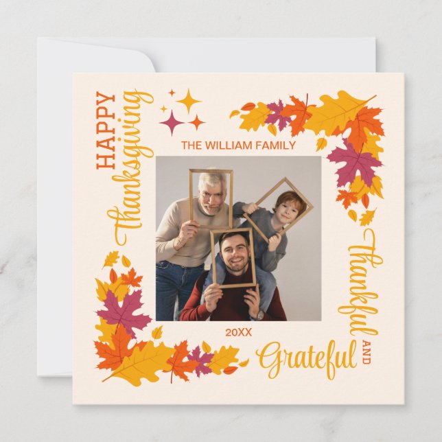 Thankful Grateful Autumn Leave Thanksgiving Photo Holiday Card (Front)