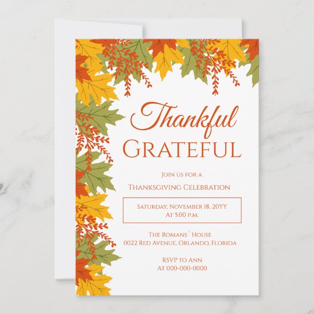 Thankful & Grateful Autumn Leaves Thanksgiving Invitation (Front)