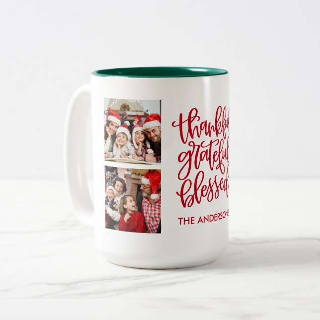 Thankful Grateful Blessed 4 Photo Holiday Two-Tone Coffee Mug (Front Left)