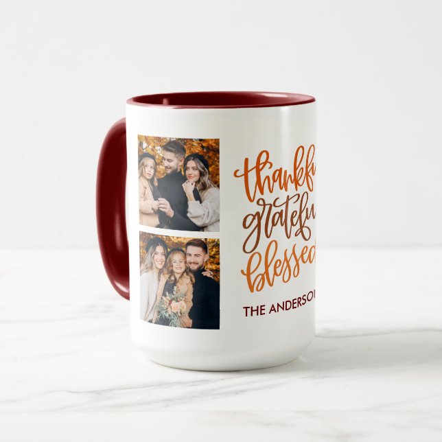Thankful Grateful Blessed 4 Photo Name Coffee Mug (Front Left)