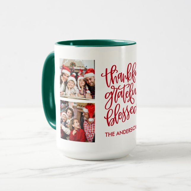 Thankful Grateful Blessed 4 Photo Red Green Mug (Front Left)