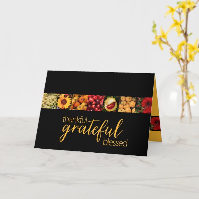Thankful Grateful Blessed Autumn Collage Card (Yellow Flower)