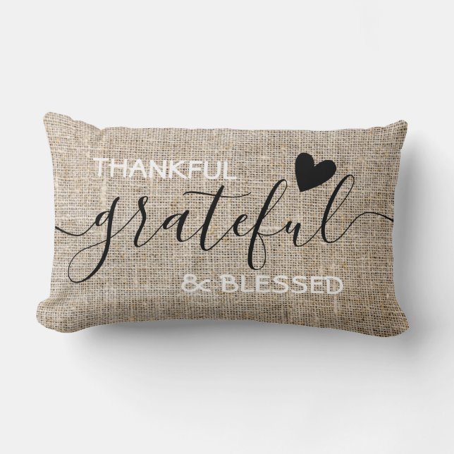 Thankful Grateful Blessed Burlap Thanksgiving Lumbar Cushion (Front)