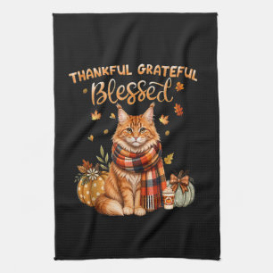 thankful grateful blessed cat thanksgiving tea towel