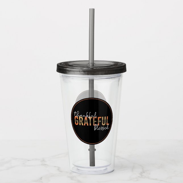 Thankful Grateful Blessed Cheetah Print Typography Acrylic Tumbler (Front)