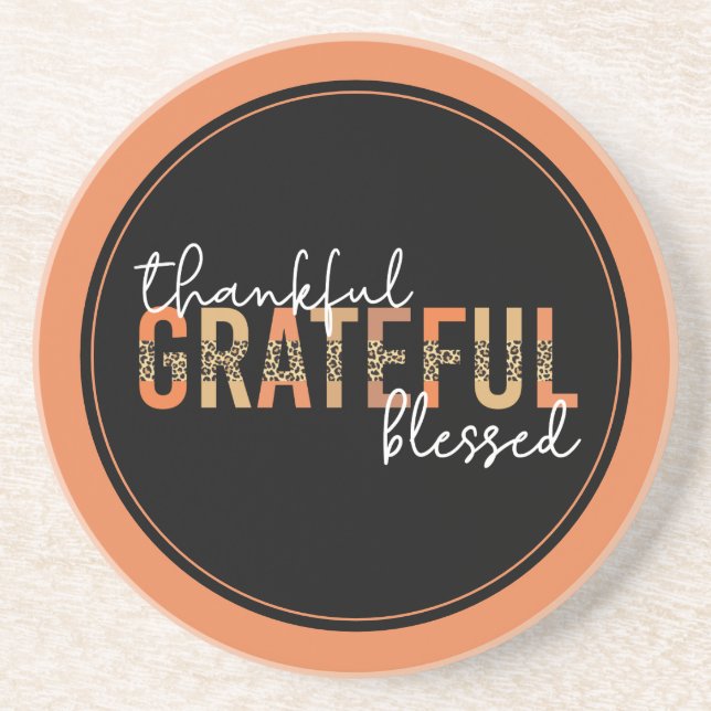 Thankful Grateful Blessed Cheetah Print Typography Coaster (Front)