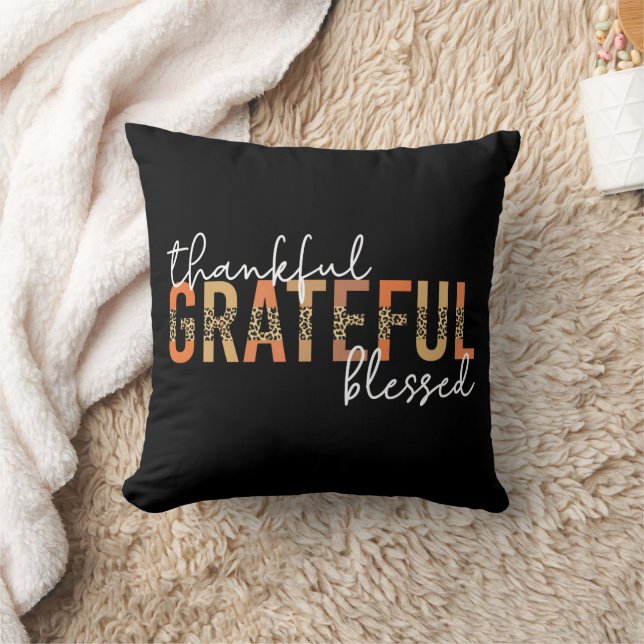 Thankful Grateful Blessed Cheetah Print Typography Cushion (Blanket)