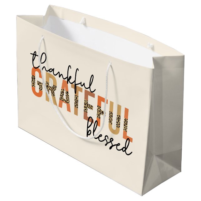 Thankful Grateful Blessed Cheetah Print Typography Large Gift Bag (Back Angled)