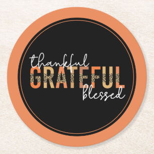 Thankful Grateful Blessed Cheetah Print Typography Round Paper Coaster