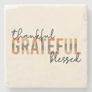 Thankful Grateful Blessed Cheetah Print Typography Stone Coaster
