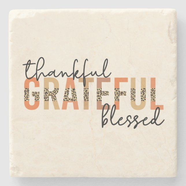 Thankful Grateful Blessed Cheetah Print Typography Stone Coaster (Front)