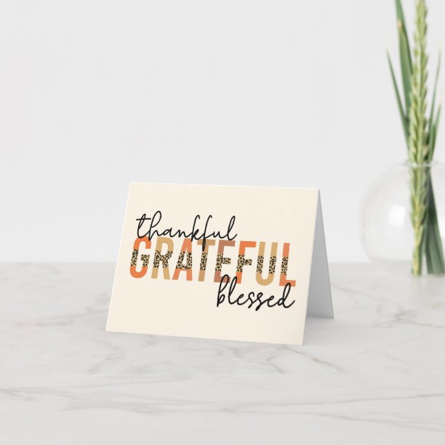 Thankful Grateful Blessed Cheetah Print Typography Thank You Card (Front)