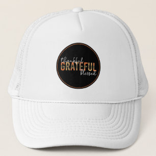 Thankful Grateful Blessed Cheetah Print Typography Trucker Hat
