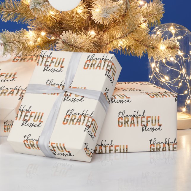 Thankful Grateful Blessed Cheetah Print Typography Wrapping Paper (Holidays)