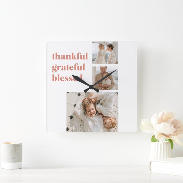 Thankful Grateful Blessed | Custom Three Photo  Square Wall Clock (Home)