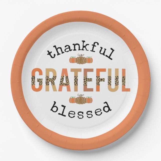 Thankful Grateful Blessed Cute Fall Thanksgiving Paper Plate (Front)
