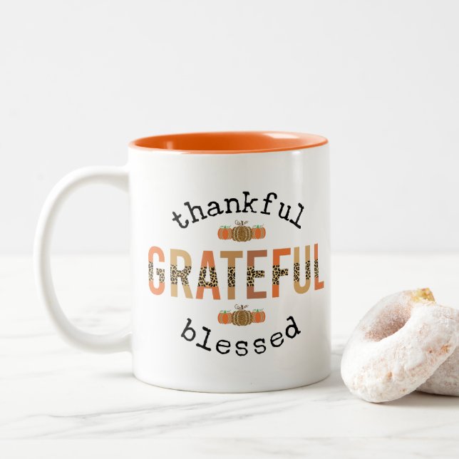Thankful Grateful Blessed Cute Fall Thanksgiving Two-Tone Coffee Mug (With Donut)