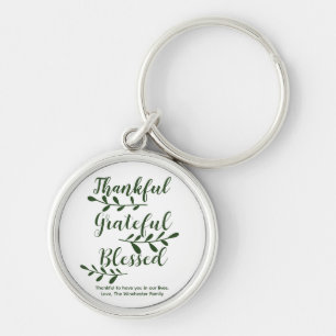 Thankful Grateful Blessed dark green modern script Key Ring