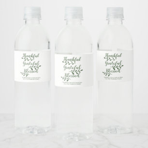 Thankful Grateful Blessed dark green modern script Water Bottle Label