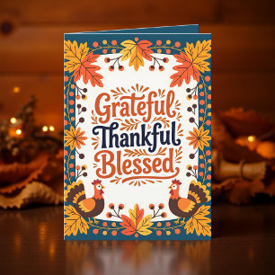 Thankful Grateful Blessed Fall Foliage and Turkeys Card