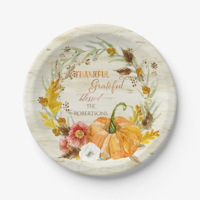 Thankful Grateful Blessed Fall Harvest Family Wood Paper Plate (Front)